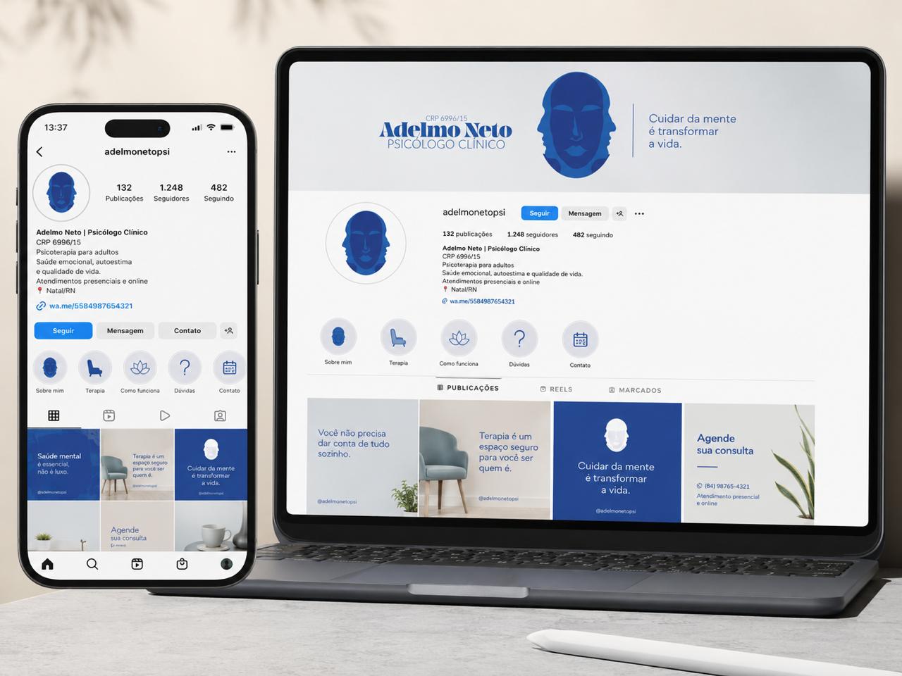 Mockup da identidade visual Adelmo Neto Psicólogo Clínico aplicada em perfil mobile e desktop