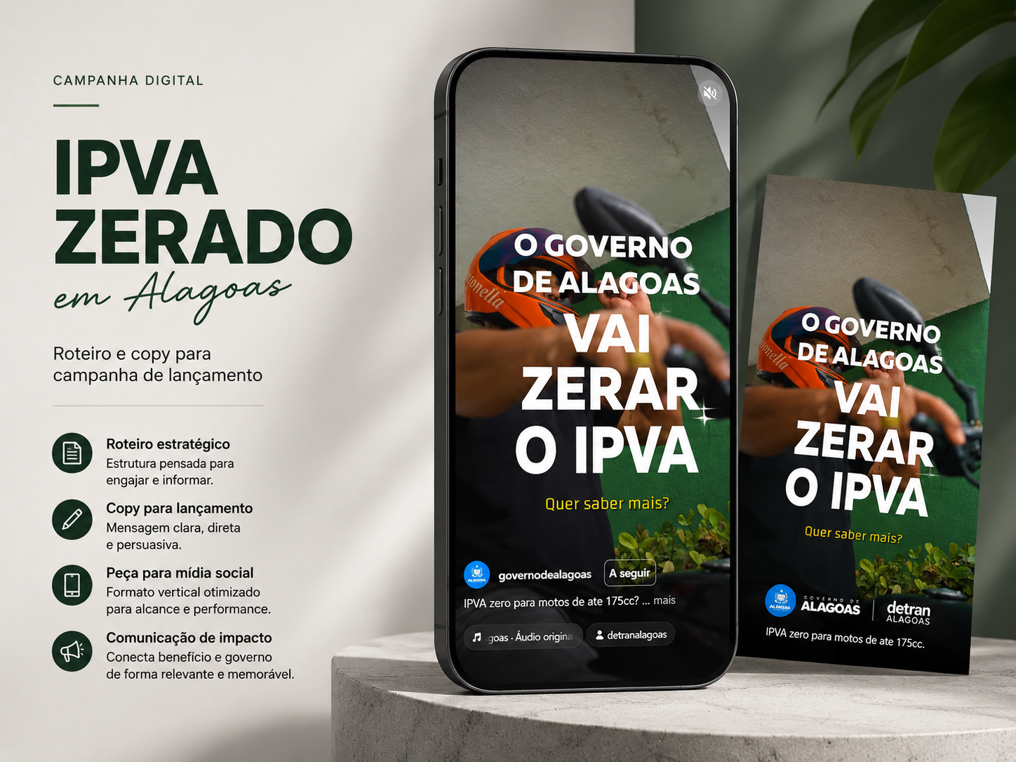 Mockup da campanha IPVA Zerado em Alagoas com roteiro e copy para campanha digital