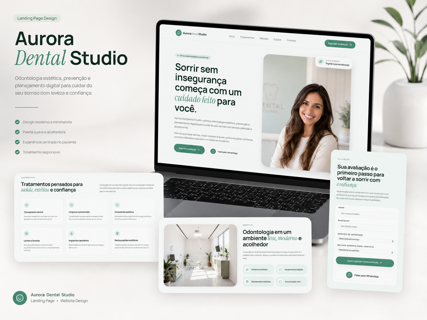 Mockup completo da landing page Aurora Dental Studio em notebook, cards de tratamentos, ambiente e formulário de contato