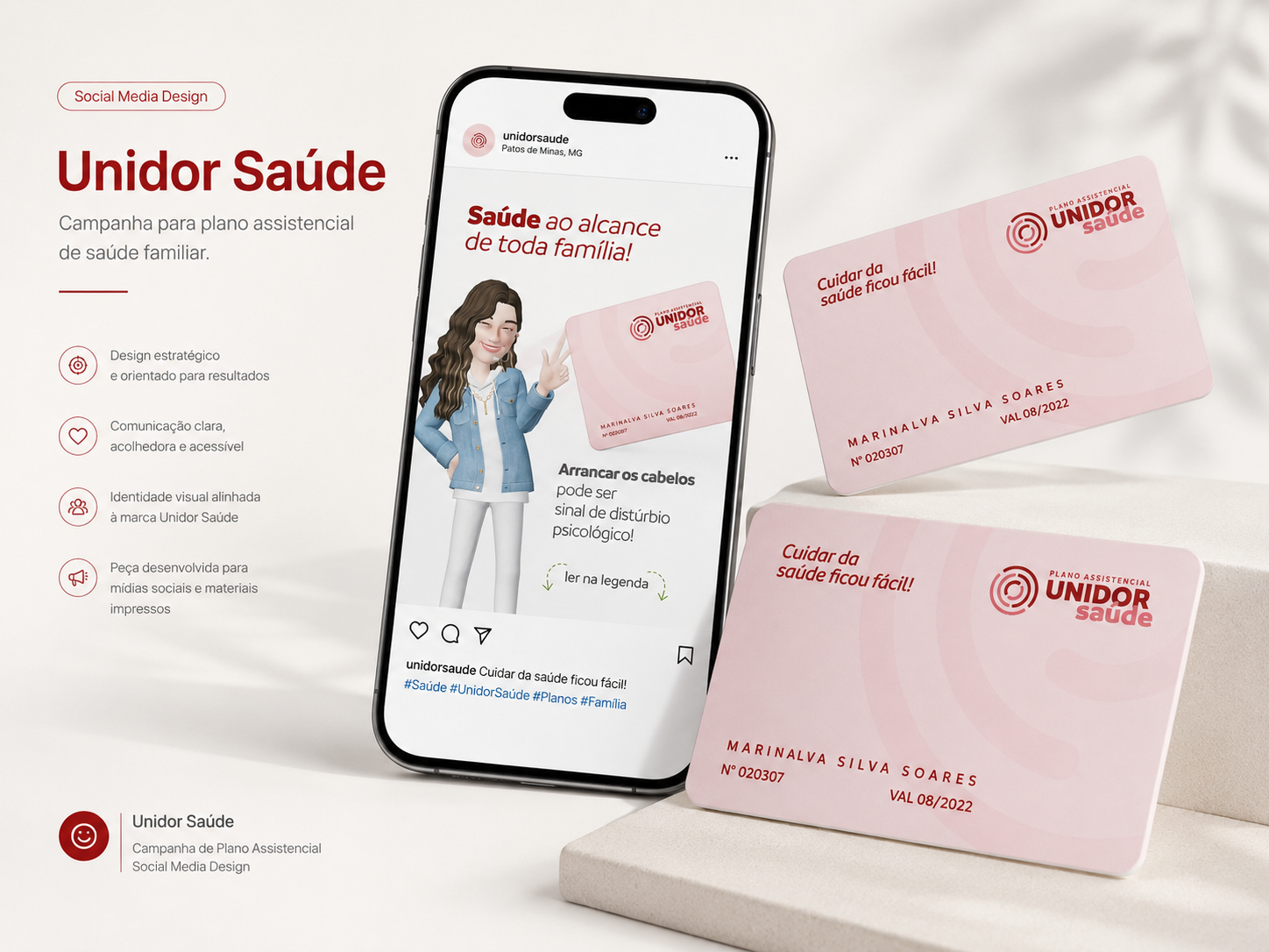Mockup da campanha de social media para Unidor Saúde com peça para Instagram e carteirinhas do plano